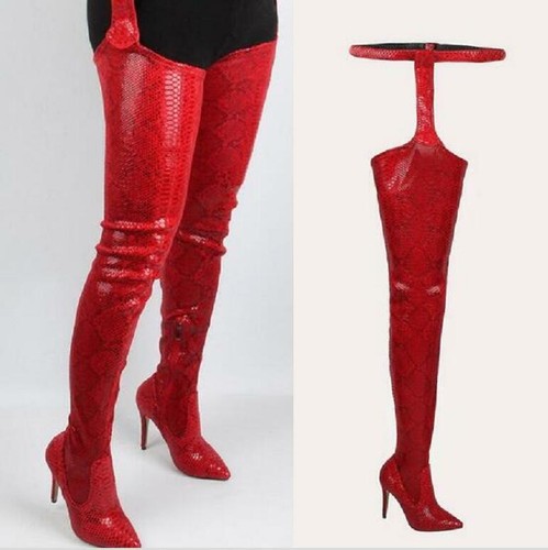 red snakeskin knee high boots